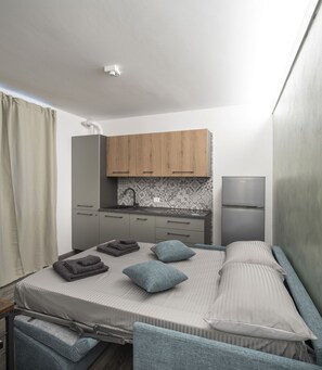 Ein kleines Zimmer mit einem Bett, einer Kochnische und einem Badezimmer.
