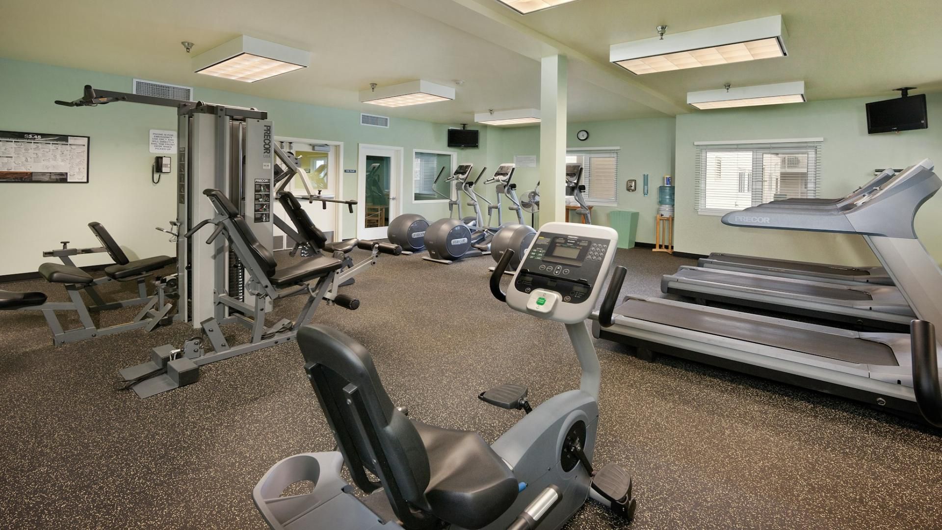 Une salle de sport équipée de machines de cardio, de postes d’entraînement avec poids et de ballons d’exercice.