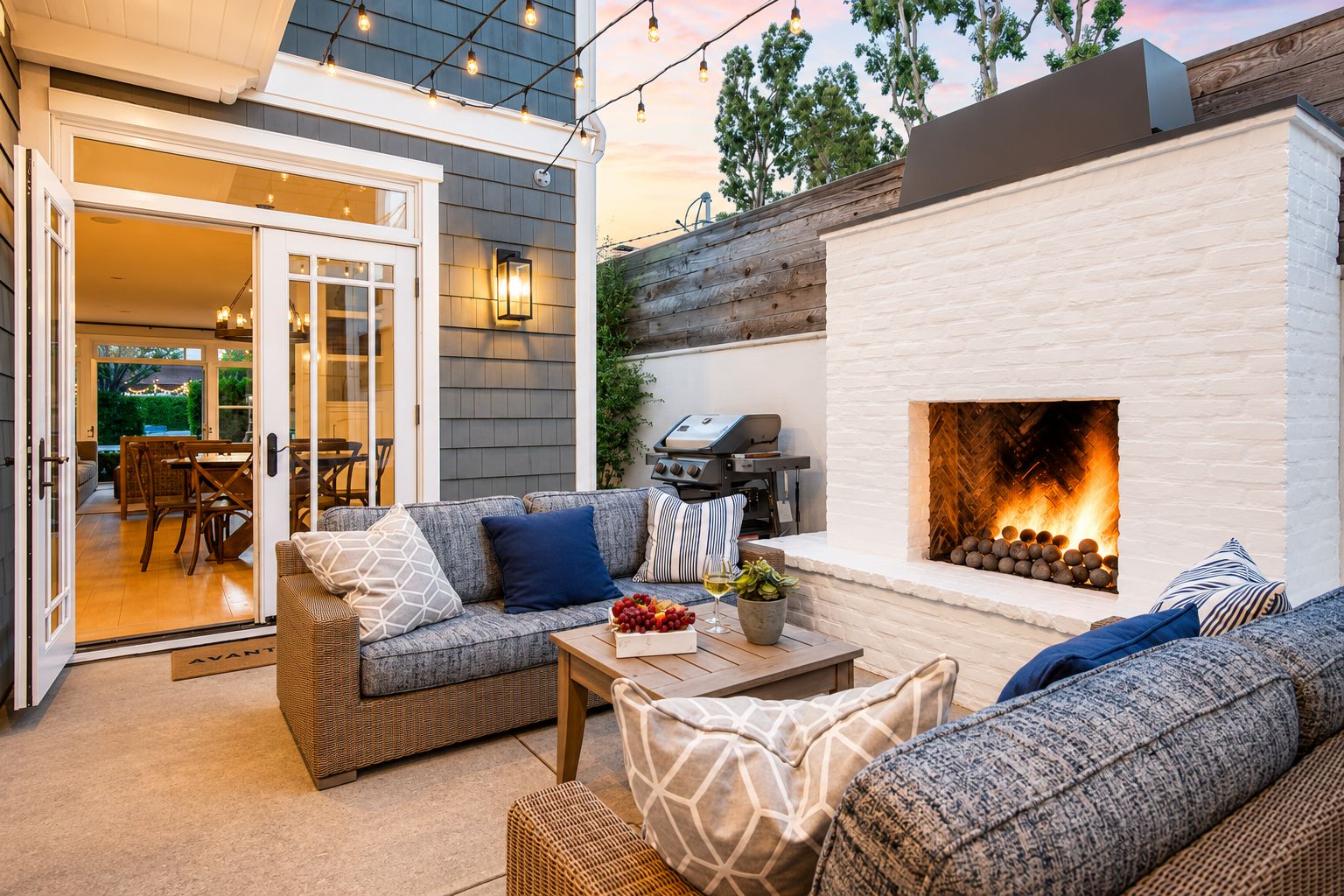 An outdoor patio with a fireplace, wicker furniture, and string lights.