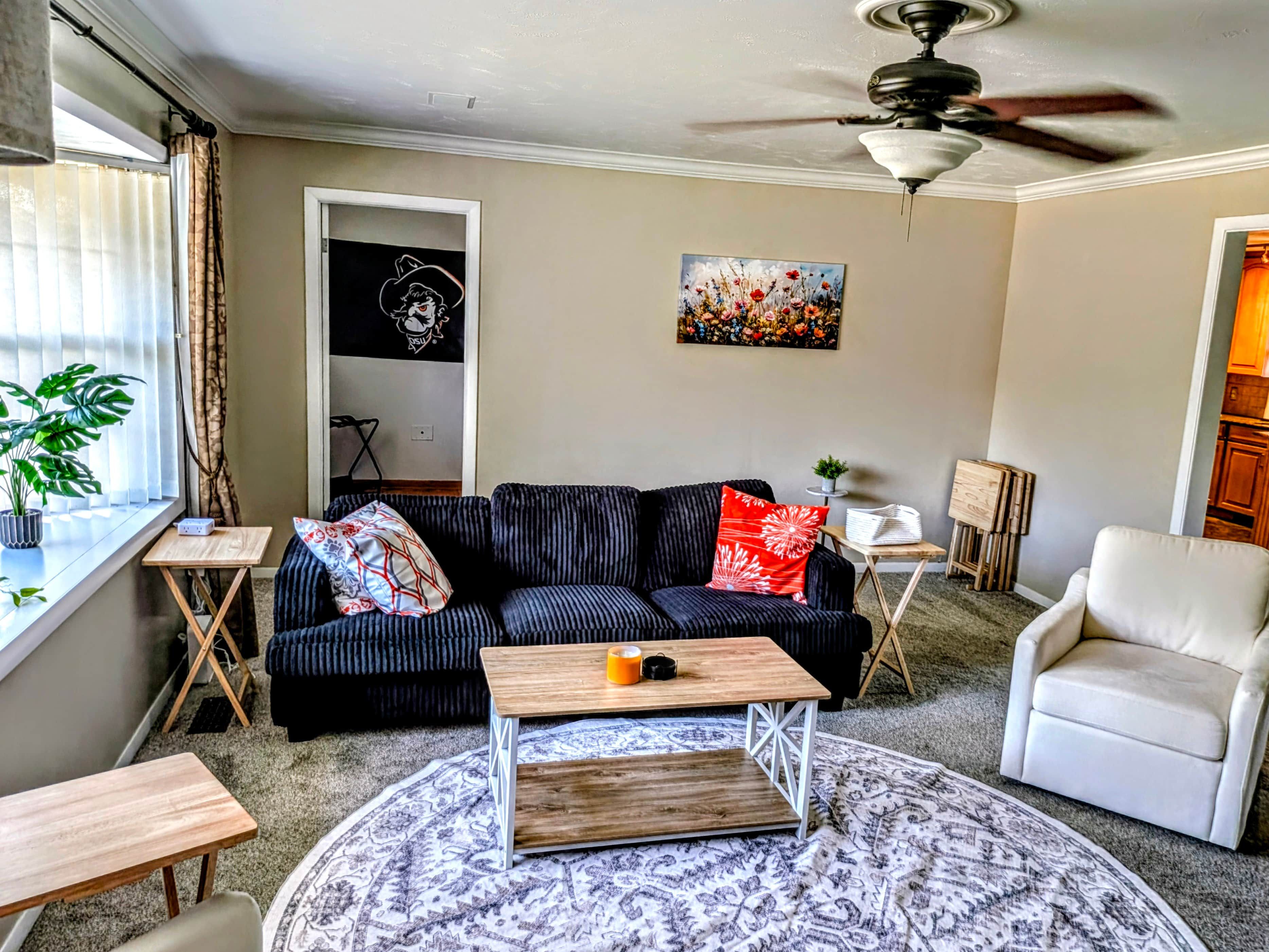 A living room with a sofa, a coffee table, a chair, a ceiling fan, and a painting on the wall.