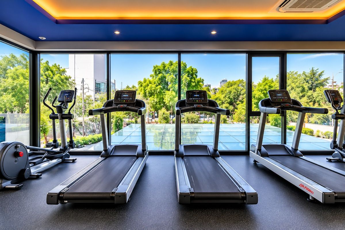 A gym with treadmills and exercise equipment, large windows with a view of greenery and buildings.