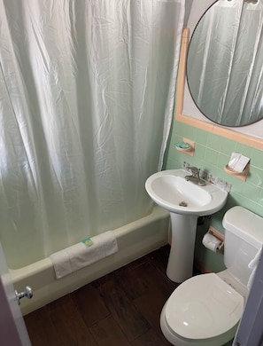 A bathroom with a shower curtain, a sink, a toilet, and a mirror. - Tradewinds Motel (Homestead)