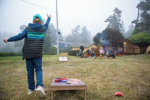 A person standing on a grassy field with a table in front of them. - Forest Den at Buckhorn Cove near Mendocino - cozy gas fireplace & sleeps 4 (Mendocino County)