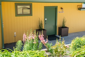 A building with a green door, a sign reading 'Bay Suite', and potted plants in front.