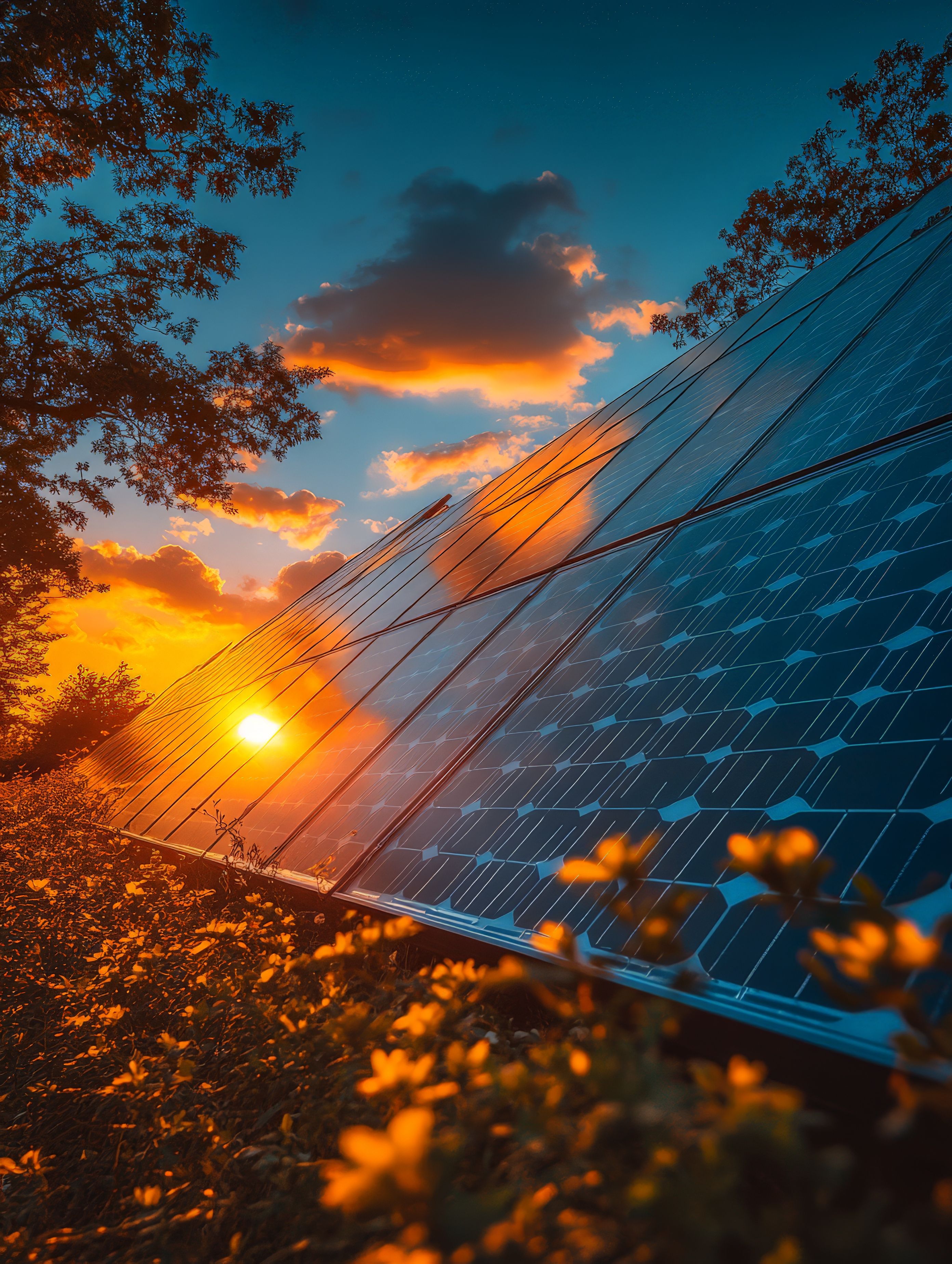 A solar panel array with a clear sky and trees in the foreground.