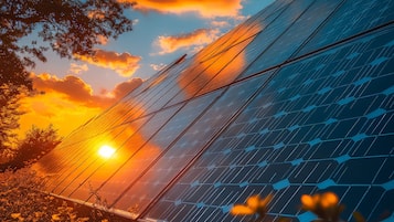 A solar panel array with a clear sky and trees in the foreground.