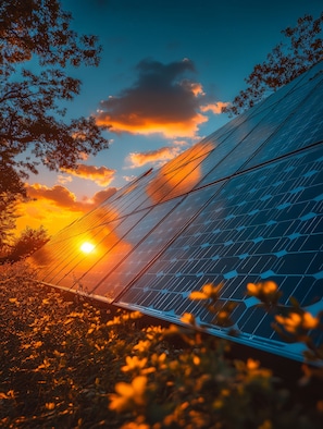 Eine Solarpanel-Anlage mit blauem Himmel und Bäumen im Vordergrund.