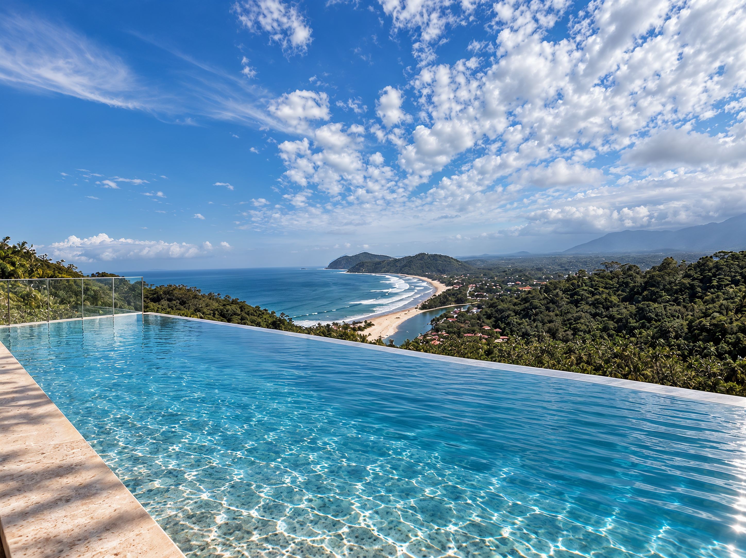 Céu azul límpido, piscina e praia com vista para o oceano e montanhas ao longe.