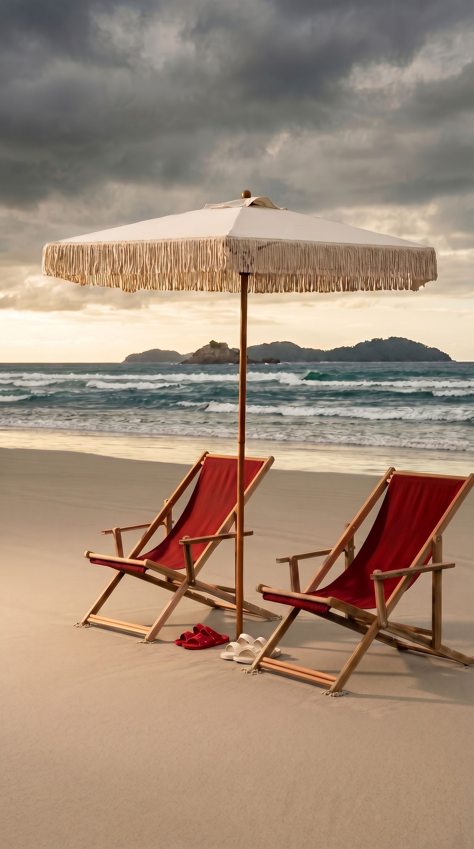 Two wooden beach chairs with red cushions and a white beach umbrella on a sandy beach with ocean waves in the background.