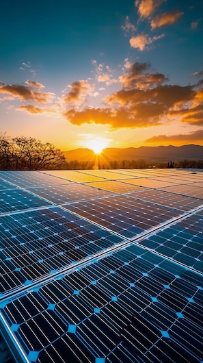 Solarpanels vor dem Hintergrund eines Sonnenuntergangs.