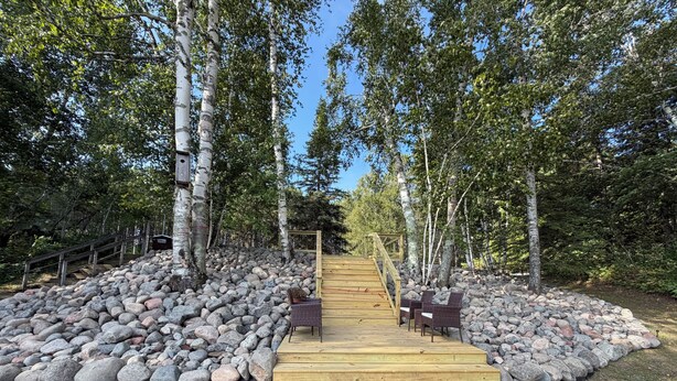 Une terrasse en bois mène à une structure également en bois, entourée de bouleaux, avec un mur de pierre de chaque côté.