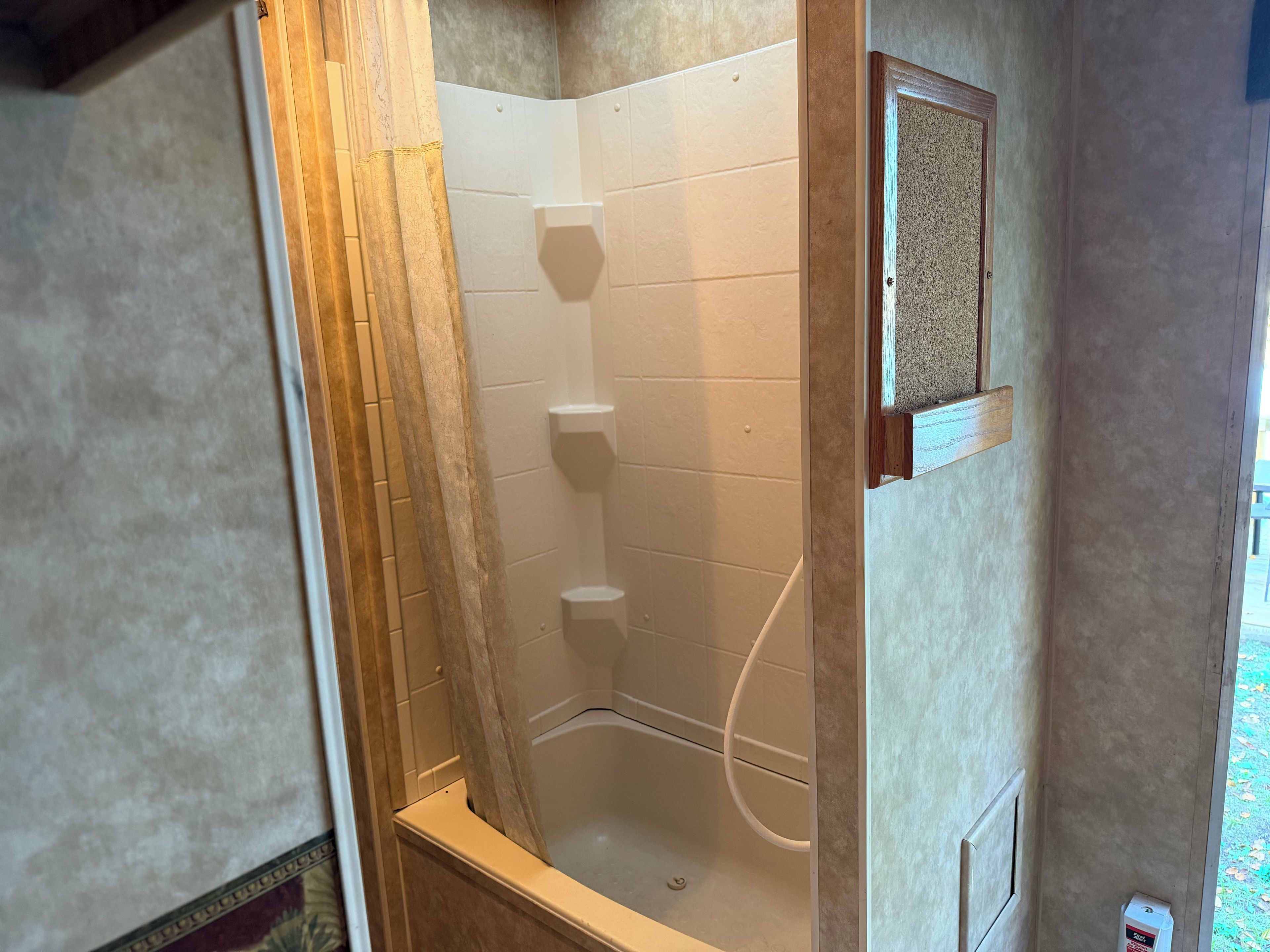 A corner shower with a tiled wall and a wooden door frame.