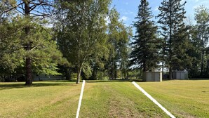 A grassy field with two white lines marking a driveway.