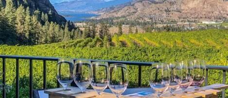 Une table avec des verres à vin et des bouteilles, donnant sur un vignoble.