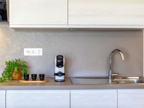 Una cocina con cafetera, pileta y planta en maceta.