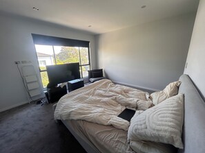 Une chambre à coucher avec un lit, une télévision, une fenêtre et un radiateur.
