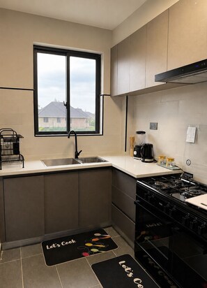 Eine moderne Küche mit Fenster, Herd und Spüle.