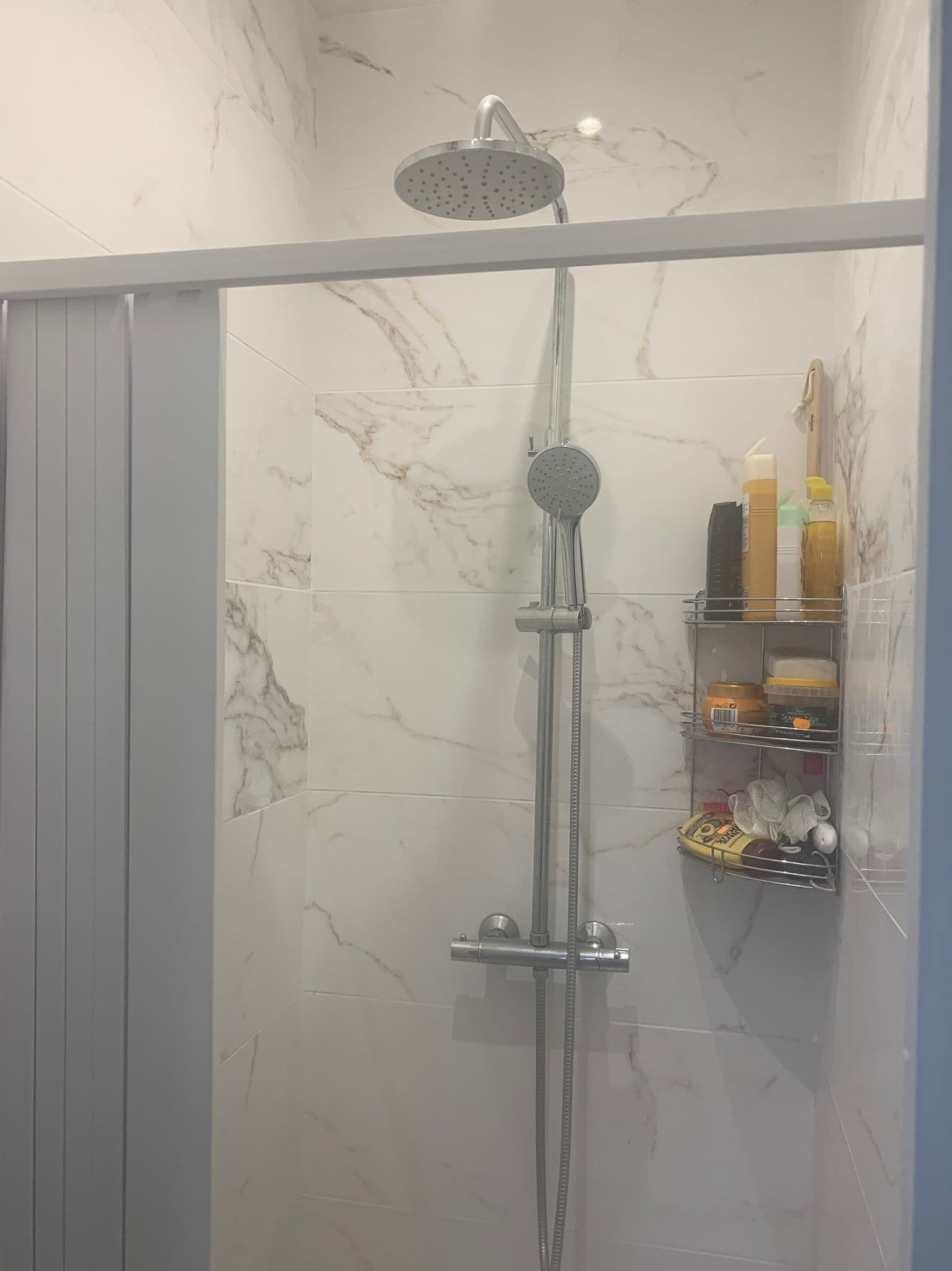 Een douchecabine met een handdouche en een stortdouche, een glazen deur en een plank met toiletartikelen.
