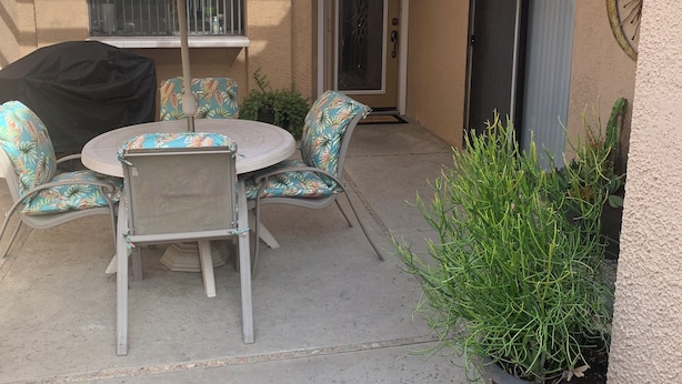 Une terrasse avec une table et des chaises, un parasol, un pot de fleurs et une porte-fenêtre coulissante.
