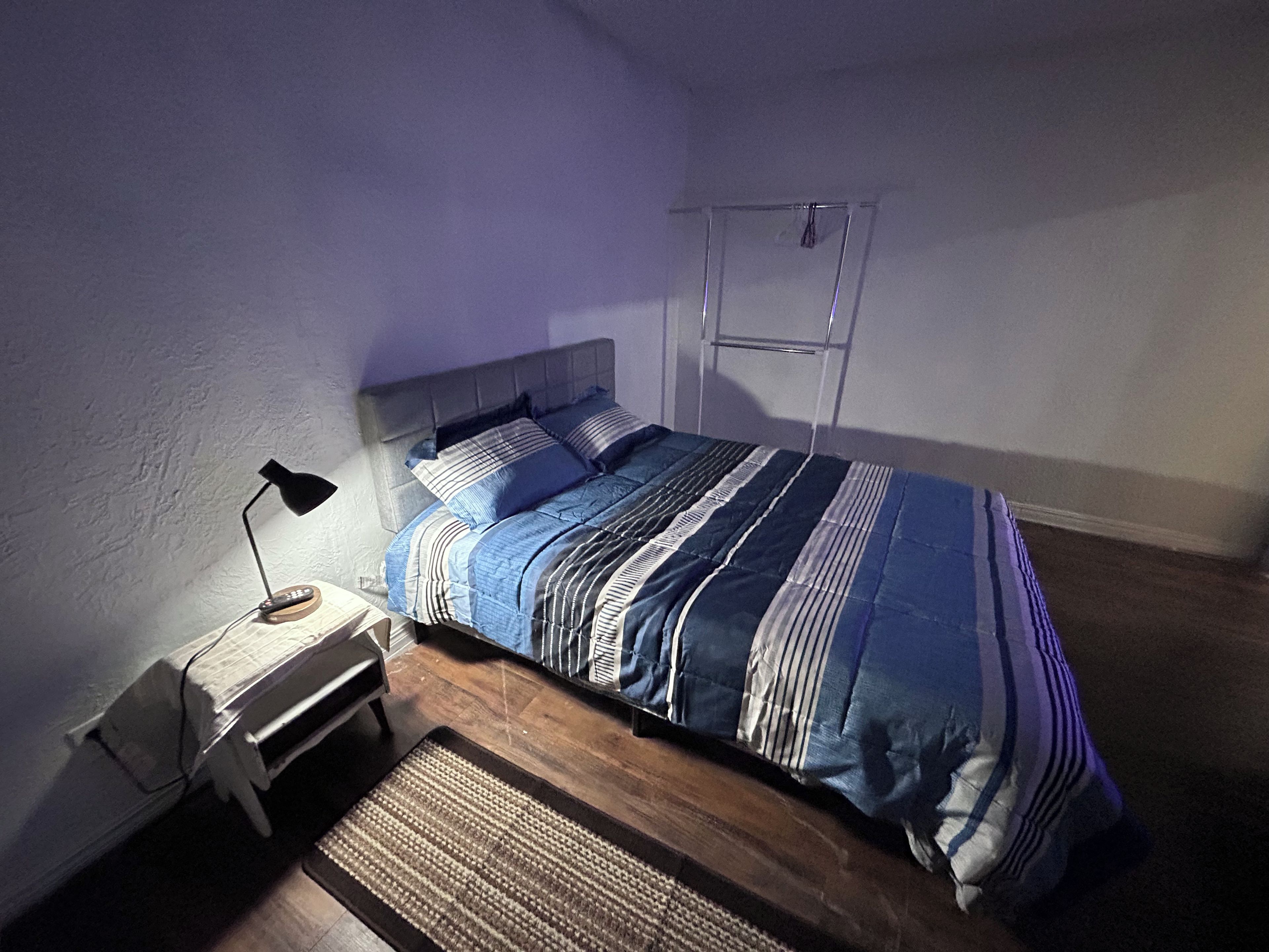 A bedroom with a bed, a nightstand, a lamp, and a radiator.
