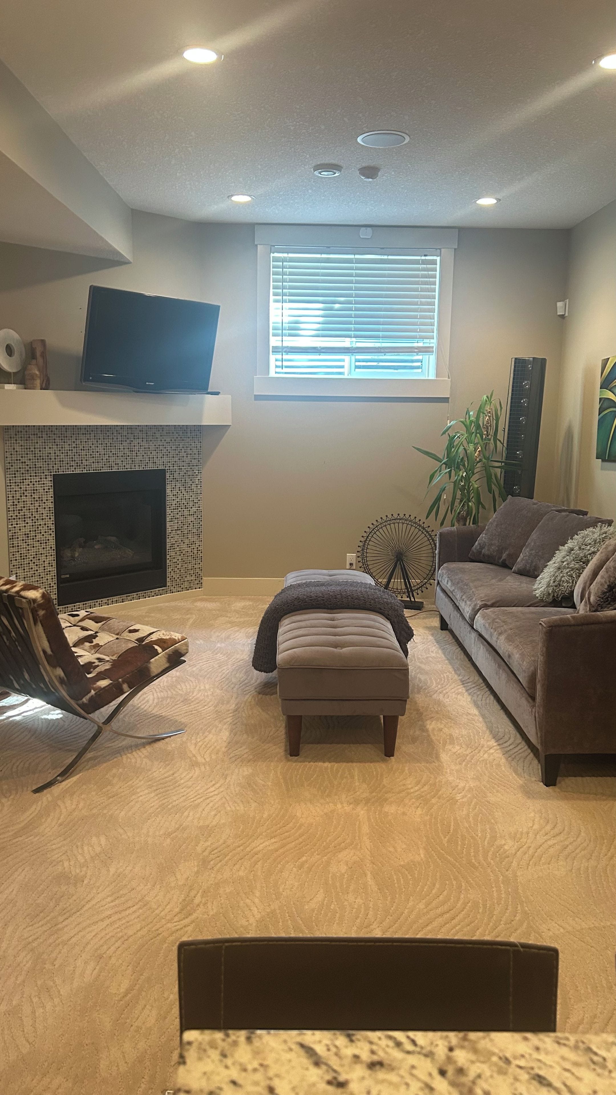 A living room with a fireplace, a sofa, an ottoman, and a television.
