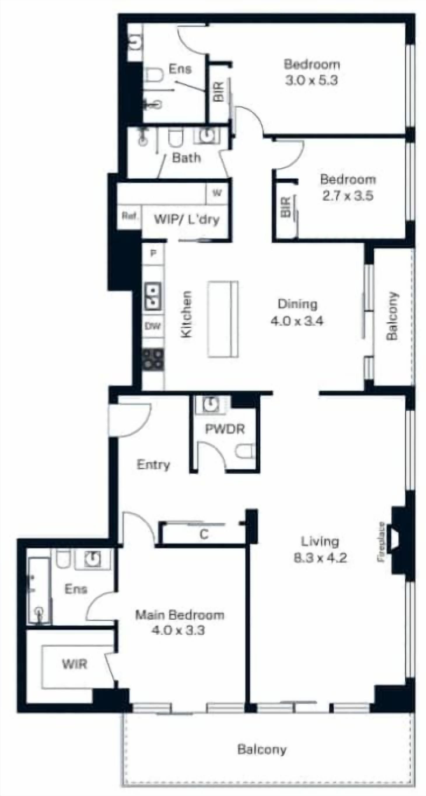 Ein Grundriss mit einem Hauptschlafzimmer, zwei kleineren Schlafzimmern, einem Badezimmer, einer Küche, einem Essbereich, einem Eingangsbereich, einem Wohnzimmer und einem Balkon.
