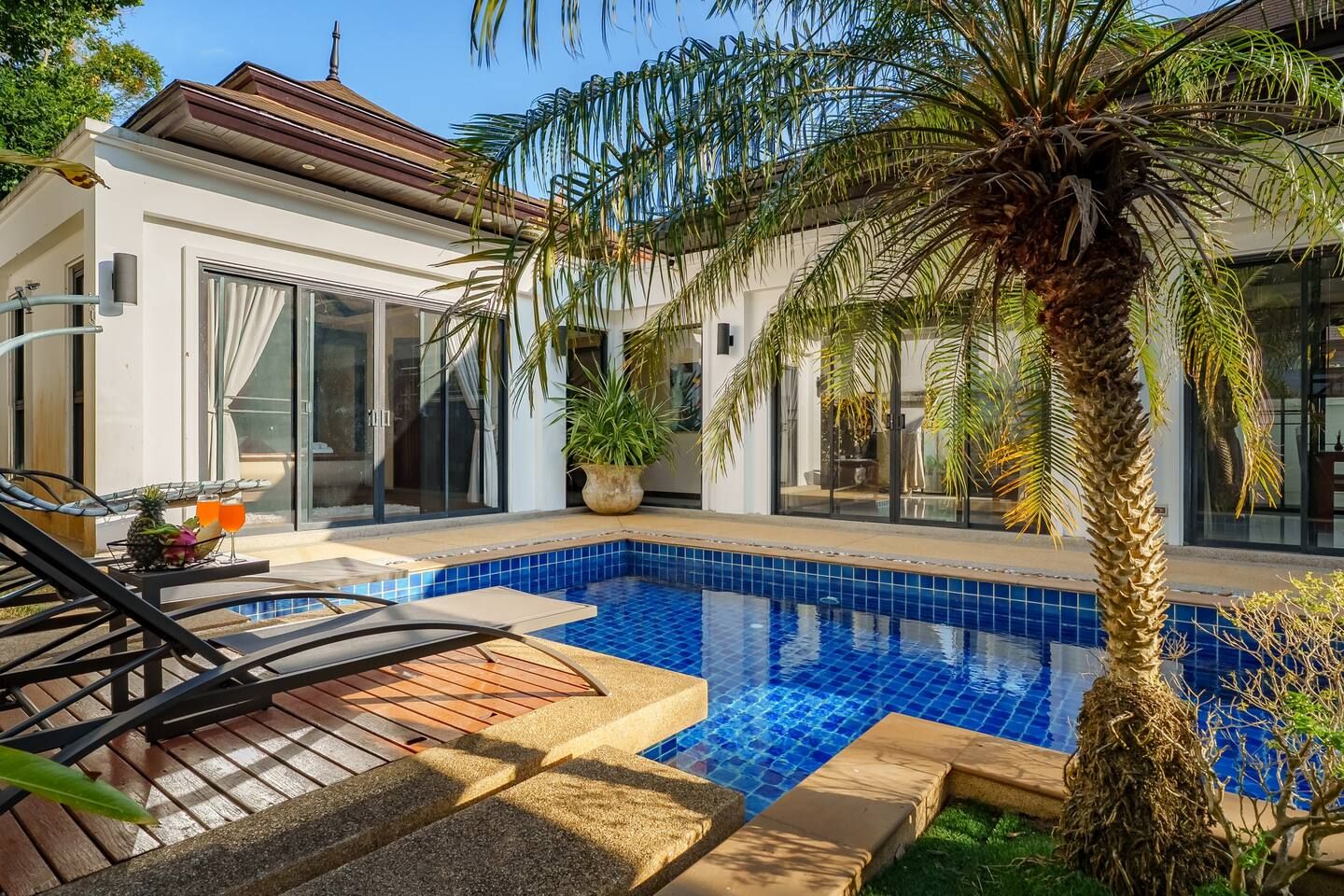 A swimming pool with a tiled edge, surrounded by a wooden deck and a palm tree.