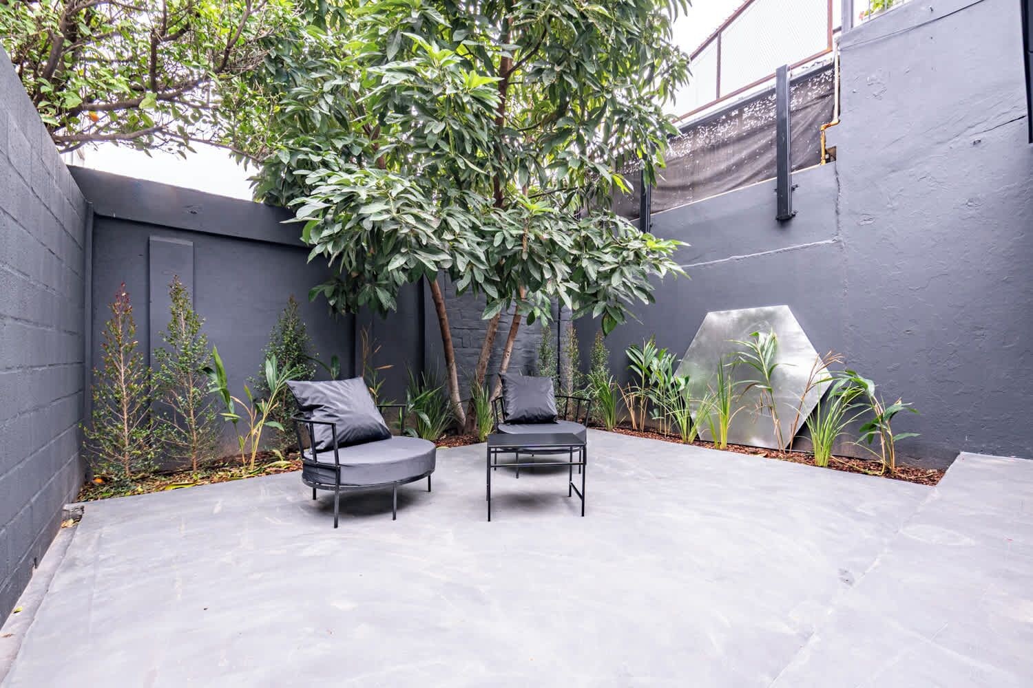 A courtyard with two black chairs, a tree, and a grey wall.
