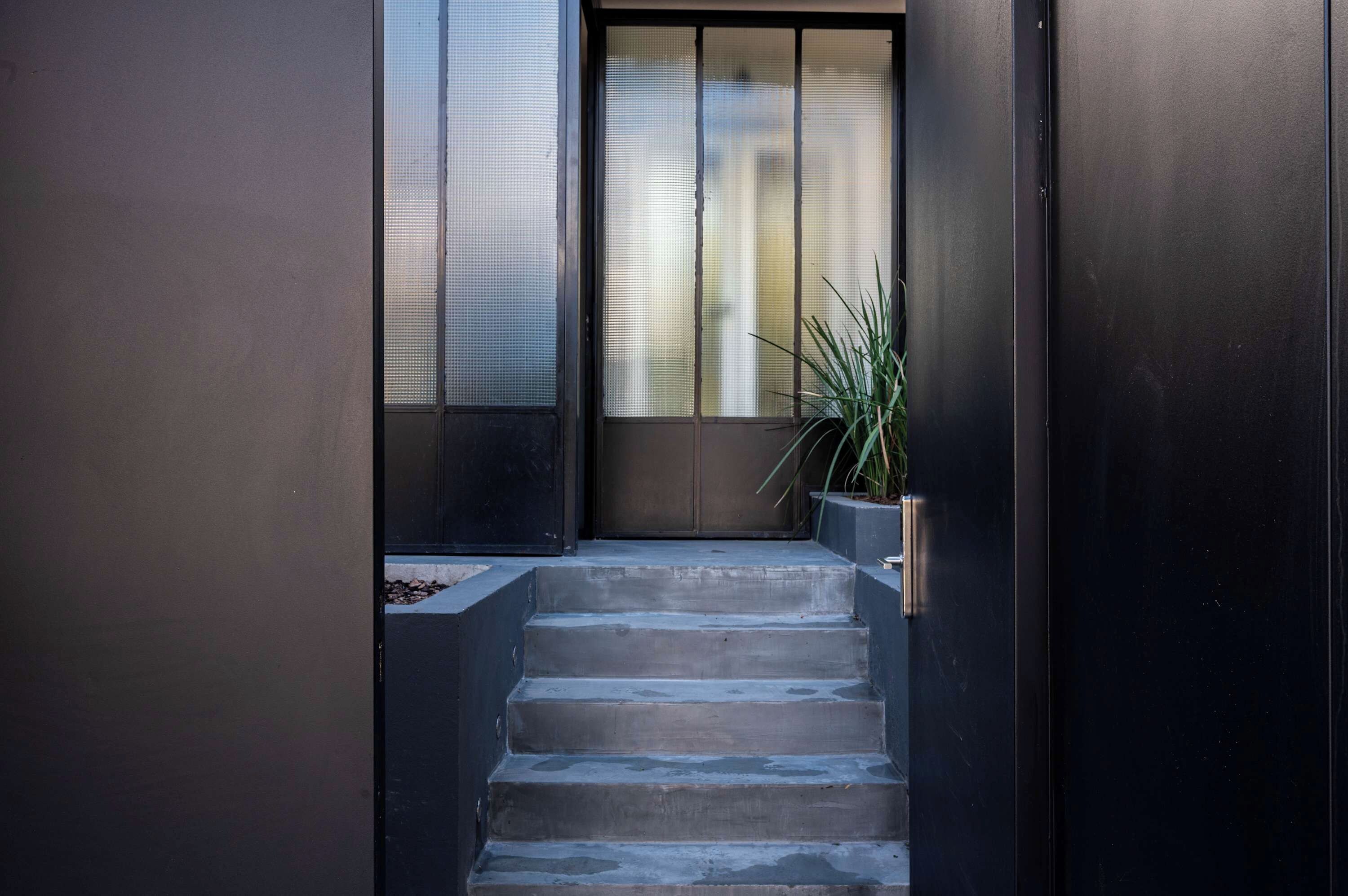 A set of concrete steps leading to a door with a metal frame and a potted plant beside it.