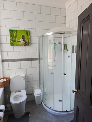 A bathroom with a glass-enclosed shower, a toilet, and a wall-mounted sink.