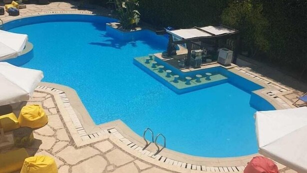 En swimmingpool med ett kaklat poolområde, omgiven av grönska och en klar himmel.