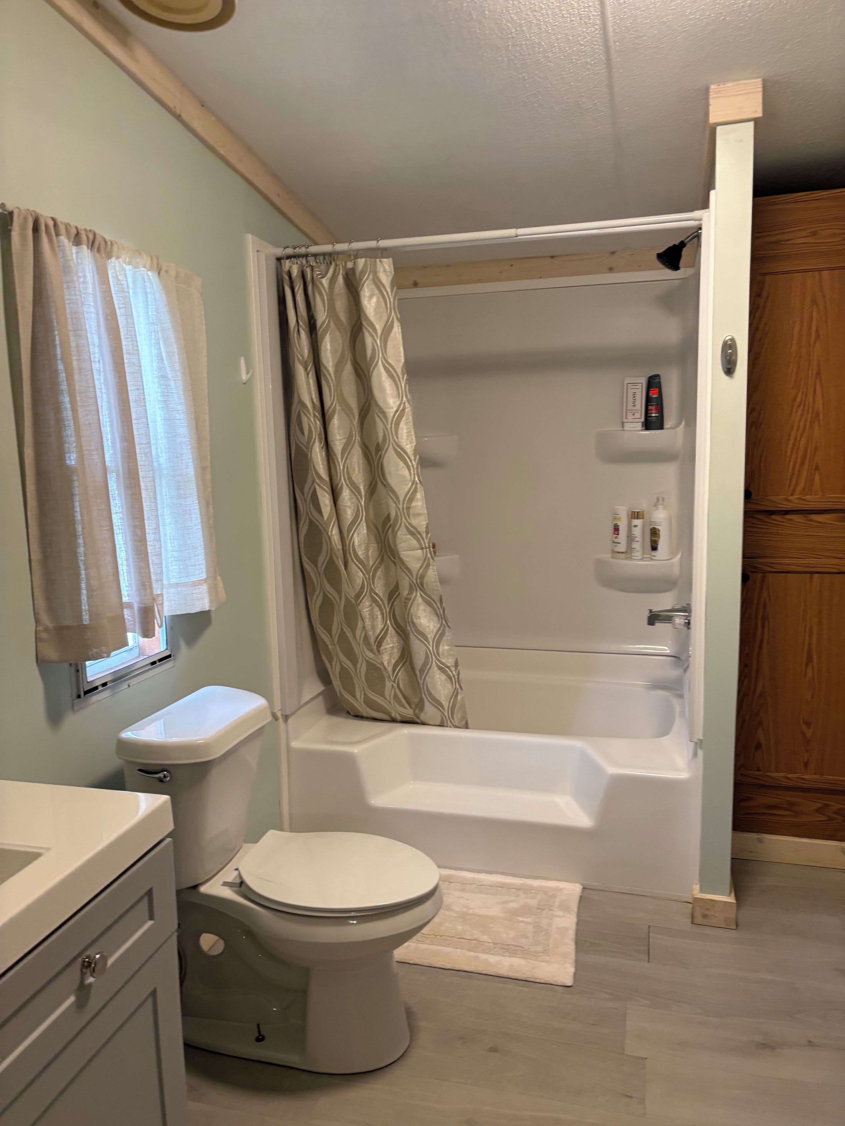 Hair dryer, towels, soap, toilet paper