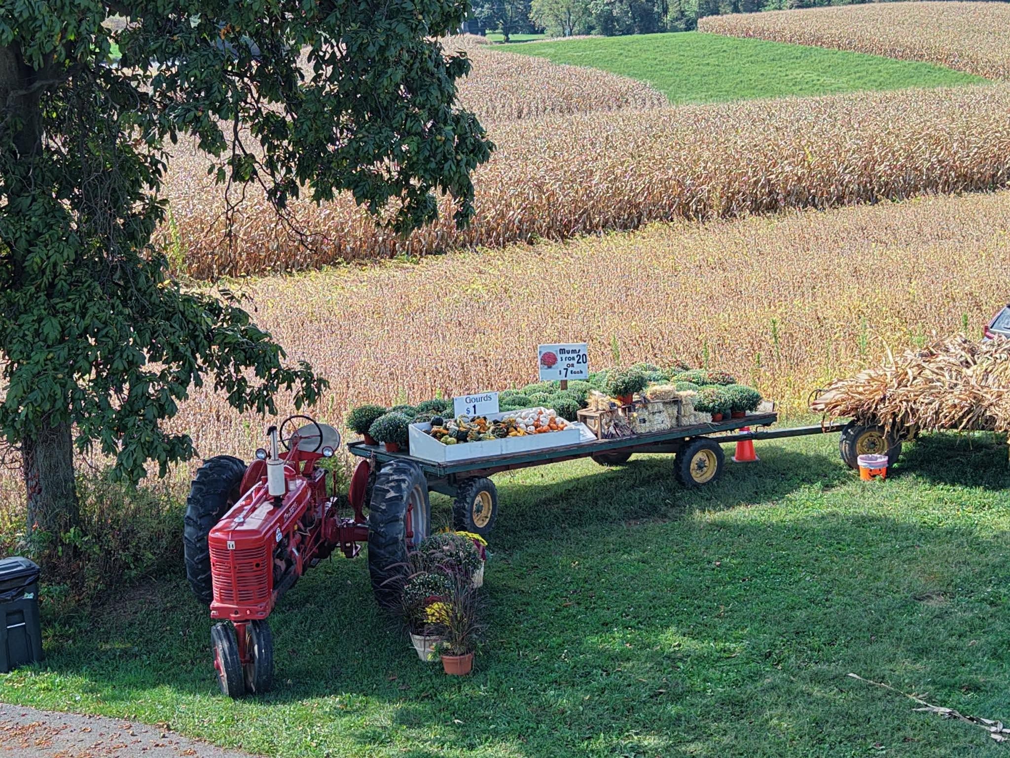 A red tractor with a flatbed trailer loaded with produce and a sign indicating prices.