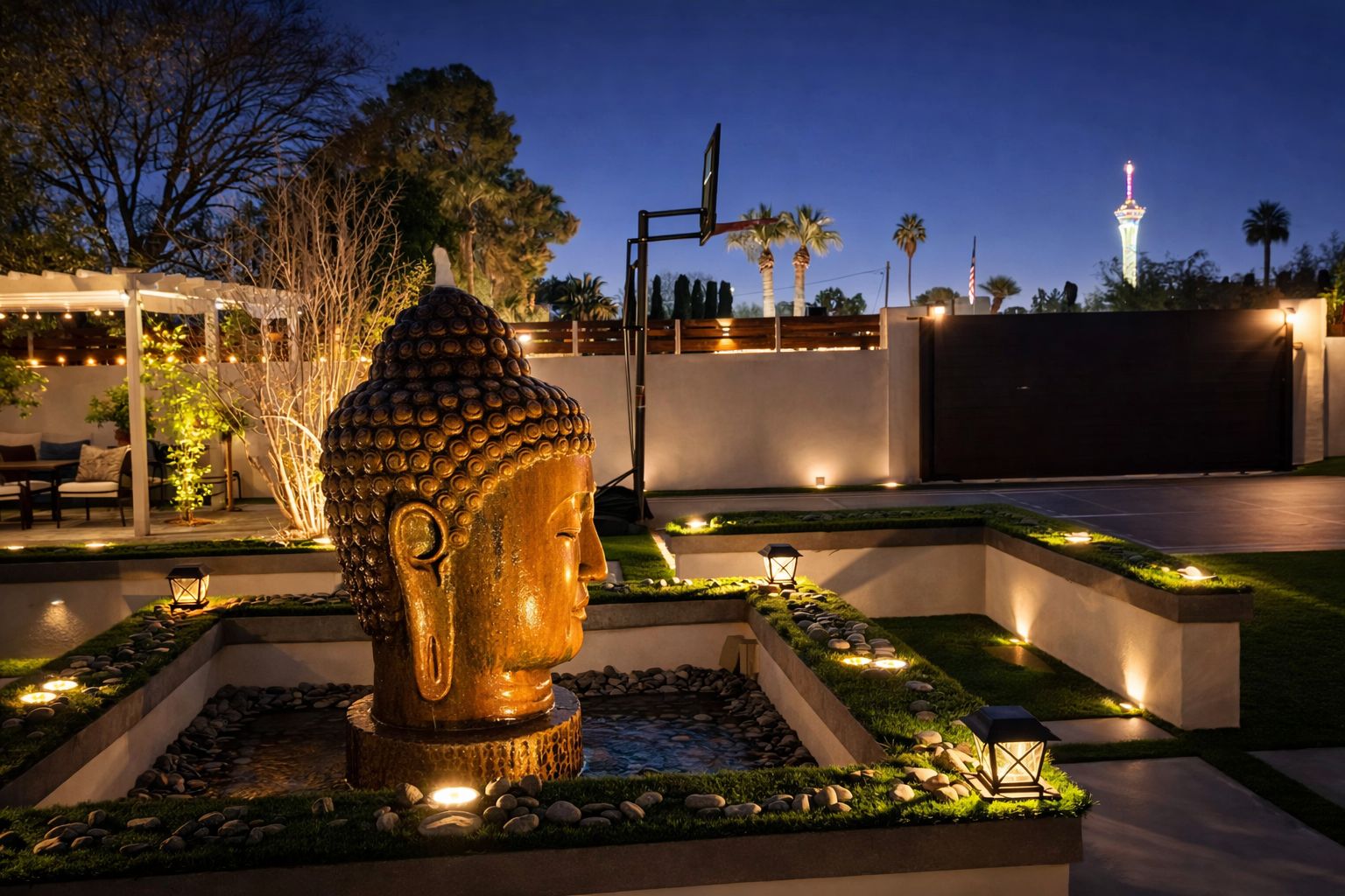 A Buddha statue in a landscaped garden with a view of a tower in the background.