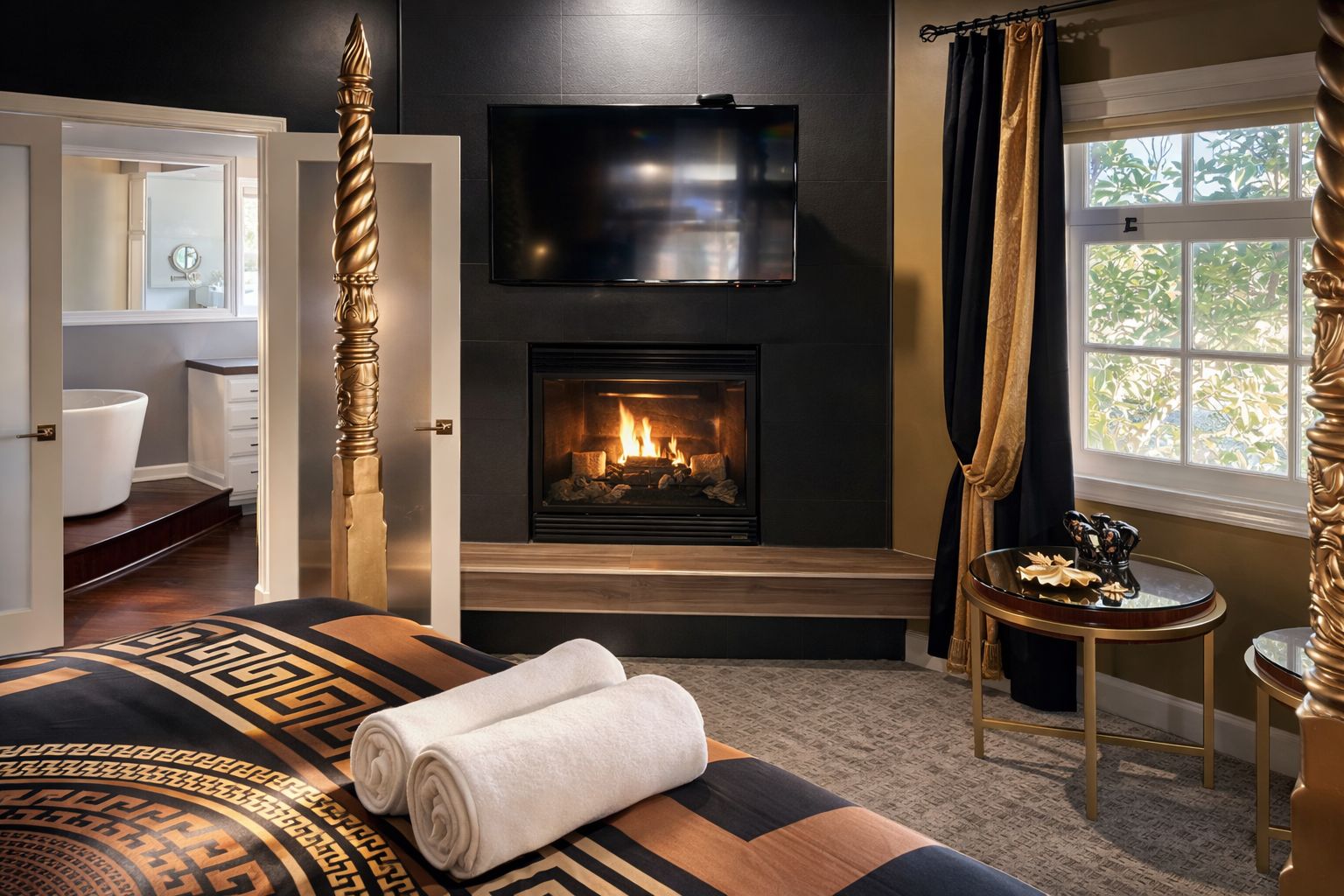 Ein modernes Schlafzimmer mit Kamin, Fernseher und Blick ins Freie.