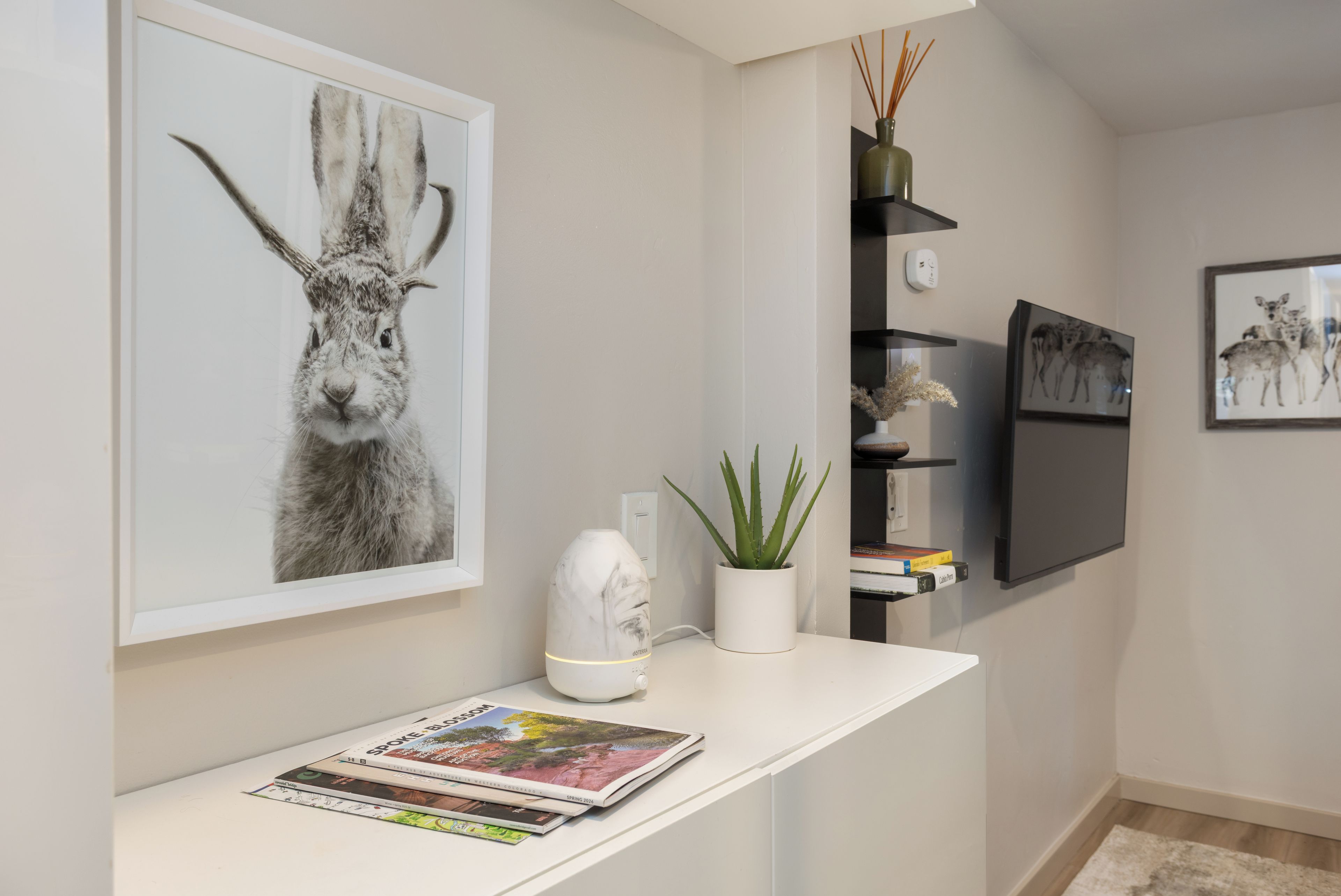 Een gang met een lijstwerk met daarin een afbeelding van een konijn, een witte vaas met een plant, een witte plank met boeken en een aan de muur bevestigde televisie.