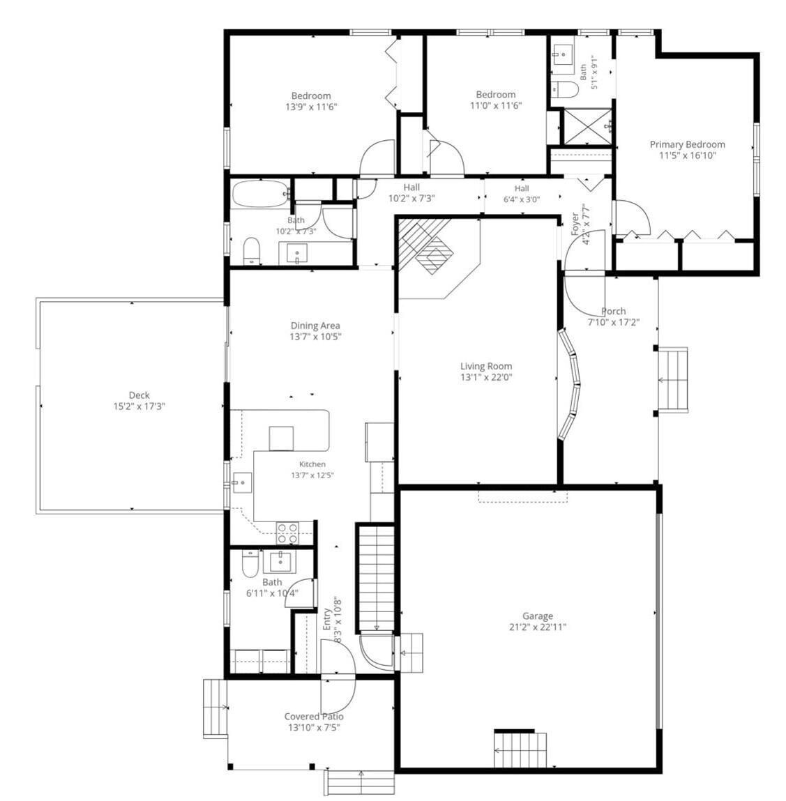 A floor plan with a covered patio, dining area, kitchen, living room, two bedrooms, a bathroom, a foyer, and a garage.