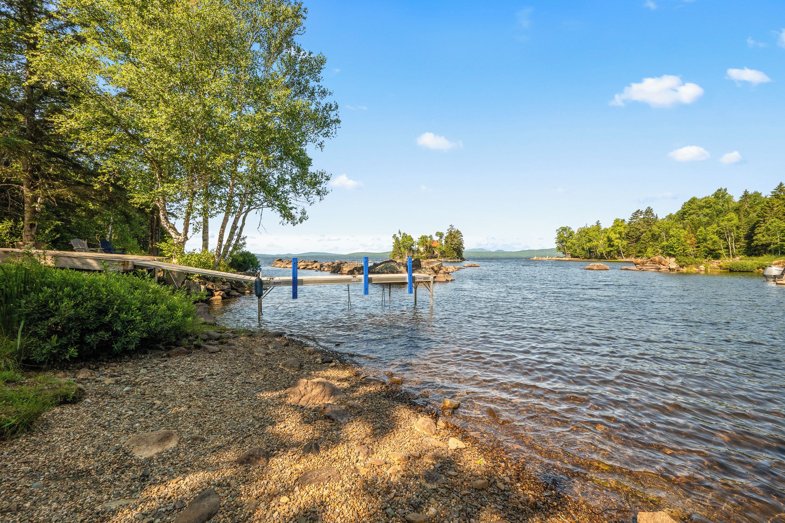 A calm lake with a wooden dock extending into the water, surrounded by dense greenery and trees.