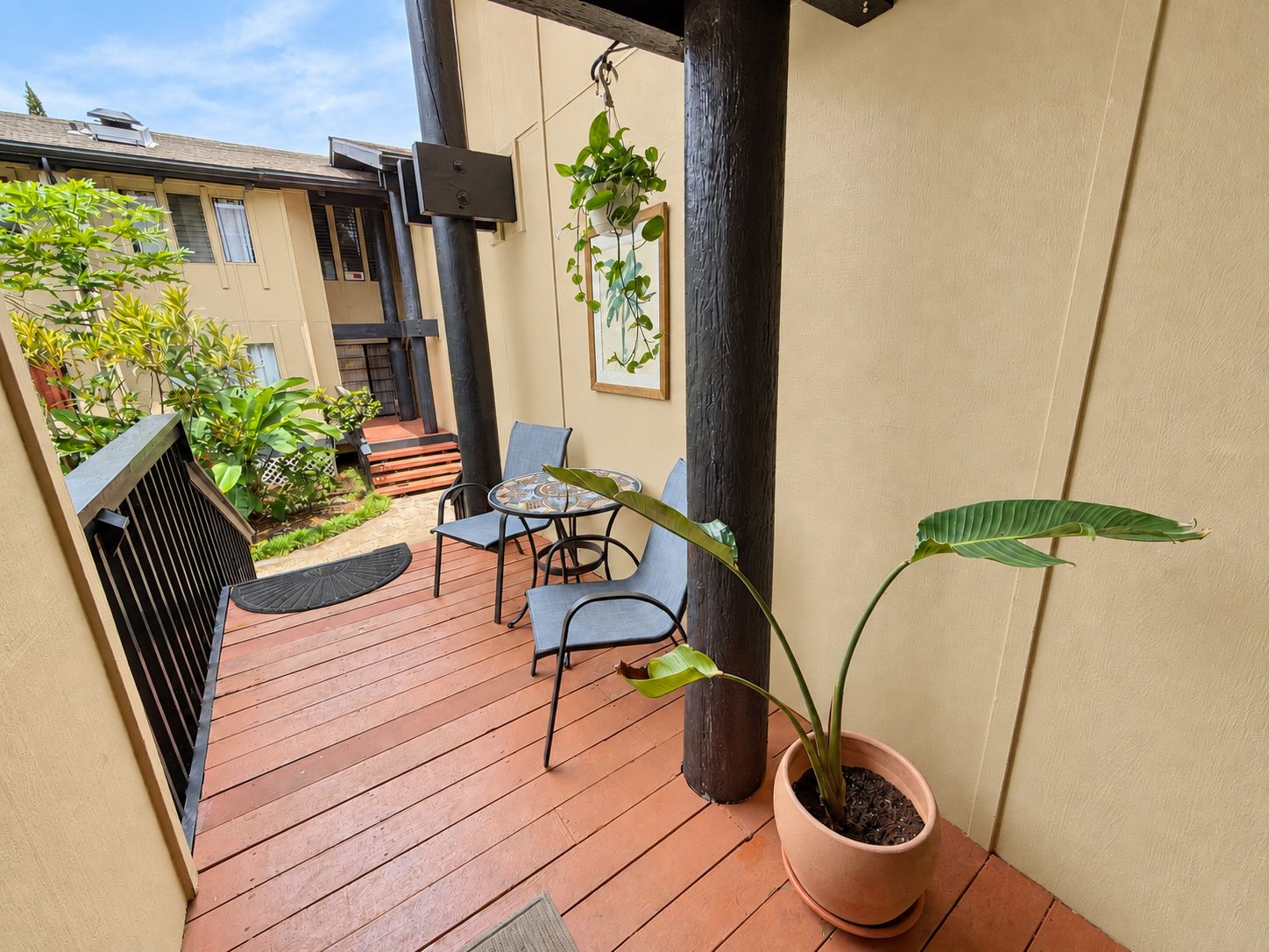 A patio with a table and chairs, a potted plant, and a hanging plant.