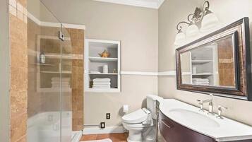 Hair dryer, towels, soap, toilet paper