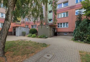 Ein Innenhof mit einem gepflasterten Weg, einem kleinen Geräteschuppen und einem Baum.