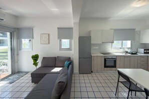 Eine moderne Küche mit einem grauen Kühlschrank, einer Spüle und einem Herd.