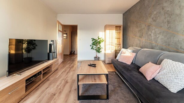 Ein modernes Wohnzimmer mit einem Flachbildfernseher, einem Holztisch, einem dunklen Sofa mit Kissen und einer großen Pflanze.