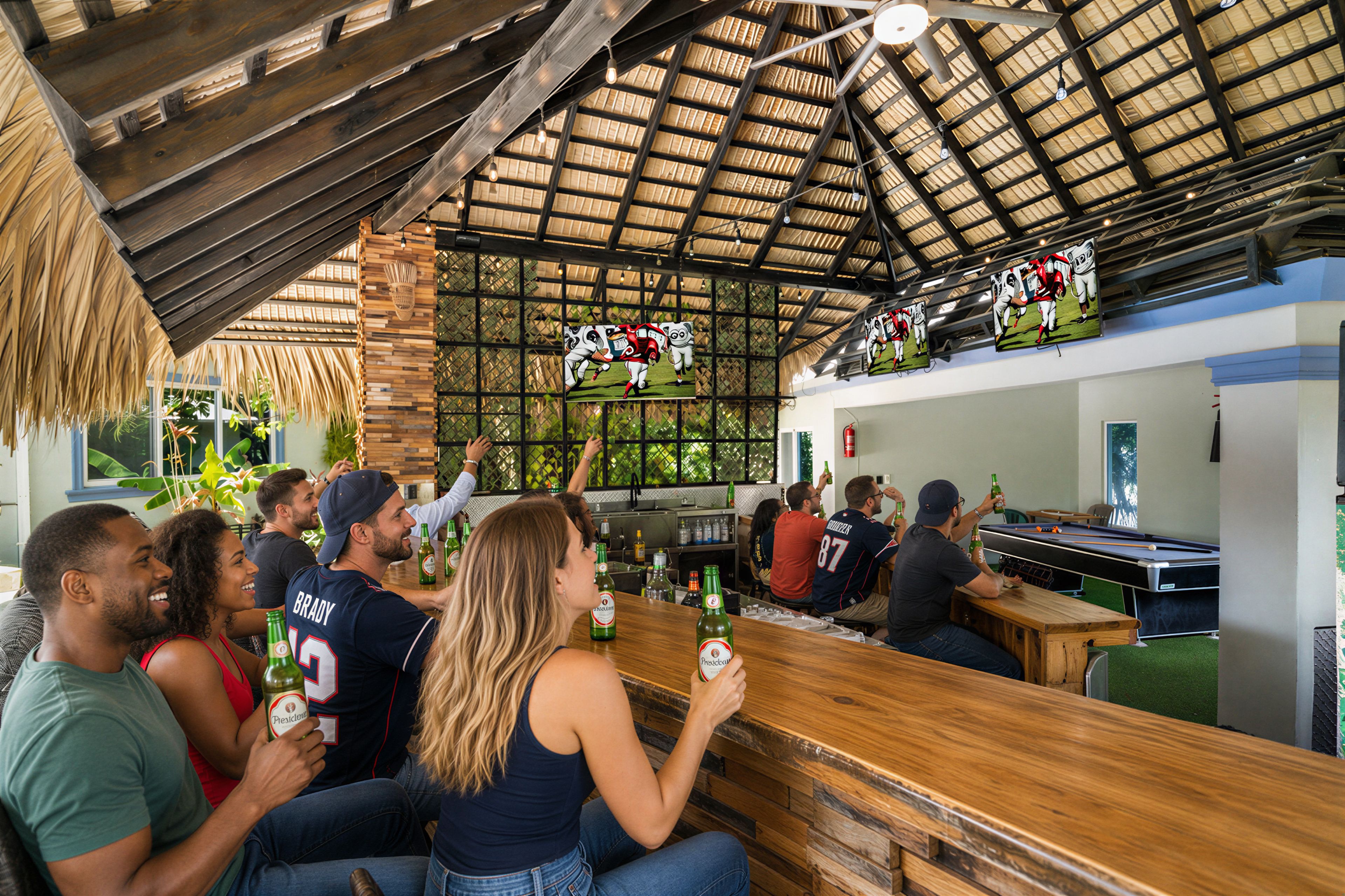 A bar area with wooden furniture, a high ceiling with a thatched roof, and sports-themed wall art.