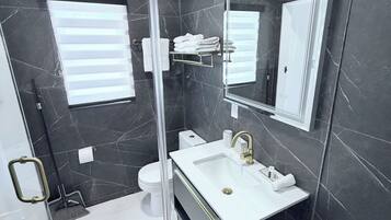 A modern bathroom with a glass shower enclosure, a white sink, and a large mirror.