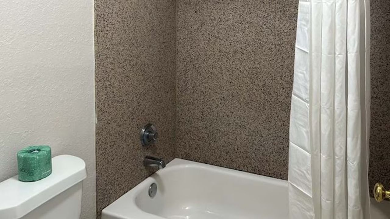 Une salle de bain avec une baignoire, des toilettes et un rideau de douche.