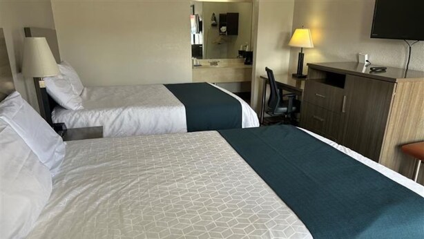 Una habitación de hotel con dos camas, un escritorio, una silla, un televisor y un espejo.