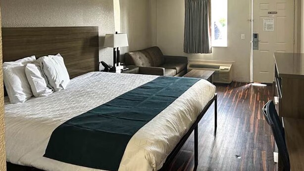Una habitación de hotel con una cama grande, un escritorio, una silla y un sofá.