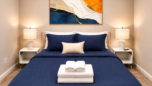 Habitació d'hotel amb un llit gran, dues làmpades de nit, una obra d'art a la paret i una pila de tovalloles sobre el llit.