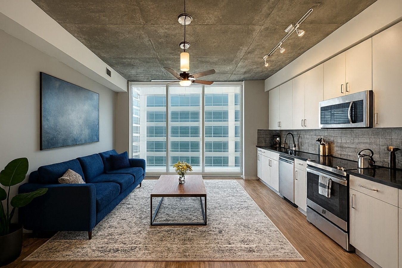 A modern kitchen with a microwave, stove, and cabinets, a blue sofa, a coffee table, and a large window with blinds.